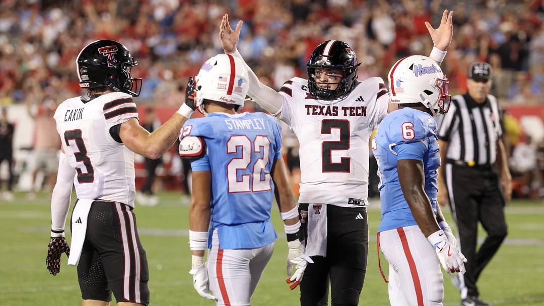 Oct 4, 2025; Houston, Texas, USA; Texas Tech Red Raiders quarterback Behren Morton (2) celebrates a Raiders touchdown against the Houston Cougars in the second half at TDECU Stadium. Mandatory Credit: Thomas Shea-Imagn Images