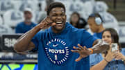 May 14, 2025; Minneapolis, Minnesota, USA; Minnesota Timberwolves guard Anthony Edwards (5) on the court during warmups prior to game five of the second round for the 2025 NBA Playoffs against the Golden State Warriors at Target Center. Mandatory Credit: Jesse Johnson-Imagn Images