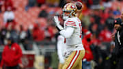 Nov 30, 2025; Cleveland, Ohio, USA;  San Francisco 49ers quarterback Mac Jones (10) warms up before the game against the Cleveland Browns at Huntington Bank Field. Mandatory Credit: Scott Galvin-Imagn Images