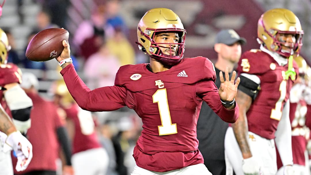 Boston College Eagles quarterback Thomas Castellanos warms up before a game against the Louisville Cardinals at Alumni Stadium. Boston College Eagles quarterback Thomas Castellanos warms up before a game against the Louisville Cardinals at Alumni Stadium.