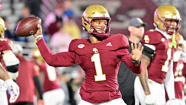 Boston College Eagles quarterback Thomas Castellanos warms up before a game against the Louisville Cardinals at Alumni Stadium. Boston College Eagles quarterback Thomas Castellanos warms up before a game against the Louisville Cardinals at Alumni Stadium.