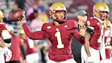 Oct 25, 2024; Chestnut Hill, Massachusetts, USA; Boston College Eagles quarterback Thomas Castellanos (1) warms up before a game against the Louisville Cardinals at Alumni Stadium. Mandatory Credit: Eric Canha-Imagn Images