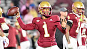 Boston College Eagles quarterback Thomas Castellanos warms up before a game against the Louisville Cardinals at Alumni Stadium. 
