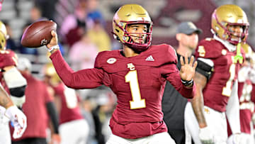 Boston College Eagles quarterback Thomas Castellanos warms up before a game against the Louisville Cardinals at Alumni Stadium. 
