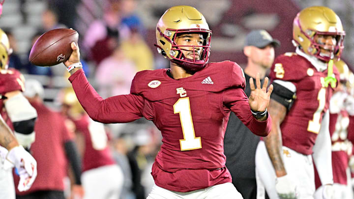 Boston College Eagles quarterback Thomas Castellanos warms up before a game against the Louisville Cardinals at Alumni Stadium. Boston College Eagles quarterback Thomas Castellanos warms up before a game against the Louisville Cardinals at Alumni Stadium.