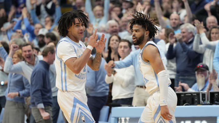 UNC basketball guards Elliot Cadeau and RJ Davis