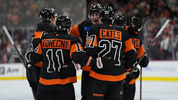 Nov 16, 2024; Philadelphia, Pennsylvania, USA; Philadelphia Flyers defenseman Travis Sanheim (6) celebrates with teammates after scoring a goal against the Buffalo Sabres in the first period at Wells Fargo Center.