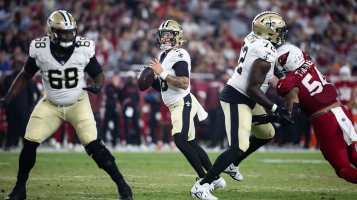 New Orleans Saints quarterback Spencer Rattler (18) against the Arizona Cardinals