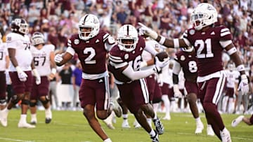 Oct 19, 2024; Starkville, Mississippi, USA; Mississippi State Bulldogs linebacker Zakari Tillman (16) reacts with teammates after an interception against the Texas A&M Aggies during the fourth quarter at Davis Wade Stadium at Scott Field. Mandatory Credit: Matt Bush-Imagn Images
