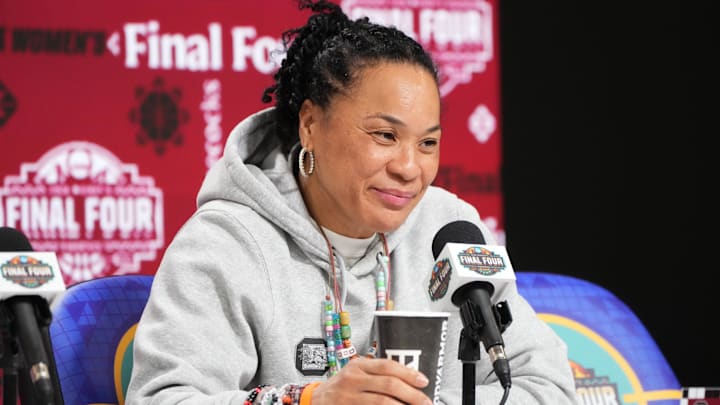 South Carolina Gamecocks head coach Dawn Staley speaks to the media from Mortgage Matchup Center on April 4, 2026.