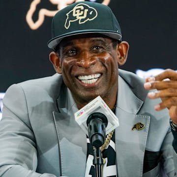 Jul 9, 2025; Frisco, TX, USA; Colorado head coach Deion Sanders speaks with the media during 2025 Big 12 Football Media Days at The Star. Mandatory Credit: Raymond Carlin III-Imagn Images