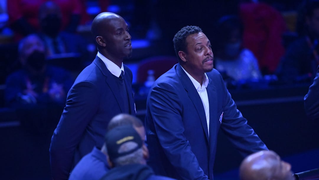Feb 20, 2022; Cleveland, Ohio, USA; Kevin Garnett and Paul Pierce talk during halftime during the 2022 NBA All-Star Game at Rocket Mortgage FieldHouse. Mandatory Credit: David Richard-Imagn Images Feb 20, 2022; Cleveland, Ohio, USA; Kevin Garnett and Paul Pierce talk during halftime during the 2022 NBA All-Star Game at Rocket Mortgage FieldHouse. Mandatory Credit: David Richard-Imagn Images