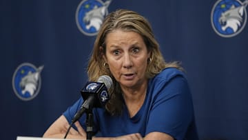 Jul 27, 2025; Minneapolis, Minnesota, USA; Minnesota Lynx head coach Cheryl Reeve talks with the media before the game against the Atlanta Dream at Target Center. Mandatory Credit: Bruce Kluckhohn-Imagn Images