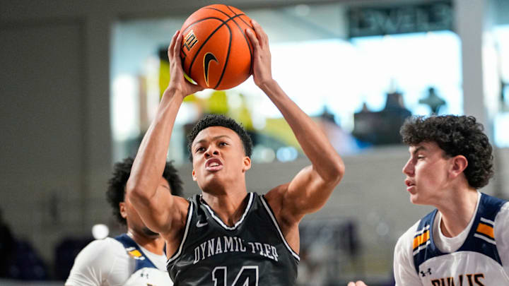 Dynamic Prep guard Ryan Hampton (14) drives to the basket during the second quarter of the City of Palms Classic signature series championship game against the Bullis Bulldogs at Suncoast Credit Union Arena in Fort Myers, Fla., on Sunday, Dec. 22, 2024.