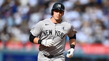 Jun 1, 2025; Los Angeles, California, USA;  New York Yankees designated hitter Ben Rice (22) rounds the bases on a two-run home run against the Los Angeles Dodgers during the third inning at Dodger Stadium. Mandatory Credit: Jonathan Hui-Imagn Images