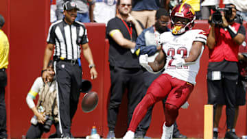 Sep 7, 2025; Landover, Maryland, USA; Washington Commanders running back Jacory Croskey-Merritt (22) reacts after a play during the second quarter against the New York Giants at Northwest Stadium.