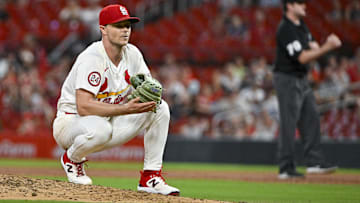 Sep 18, 2024; St. Louis, Missouri, USA;  St. Louis Cardinals starting pitcher Sonny Gray (54) reacts after third baseman Nolan Arenado (not pictured) completed an inning ending double play against the Pittsburgh Pirates during the third inning at Busch Stadium. 
