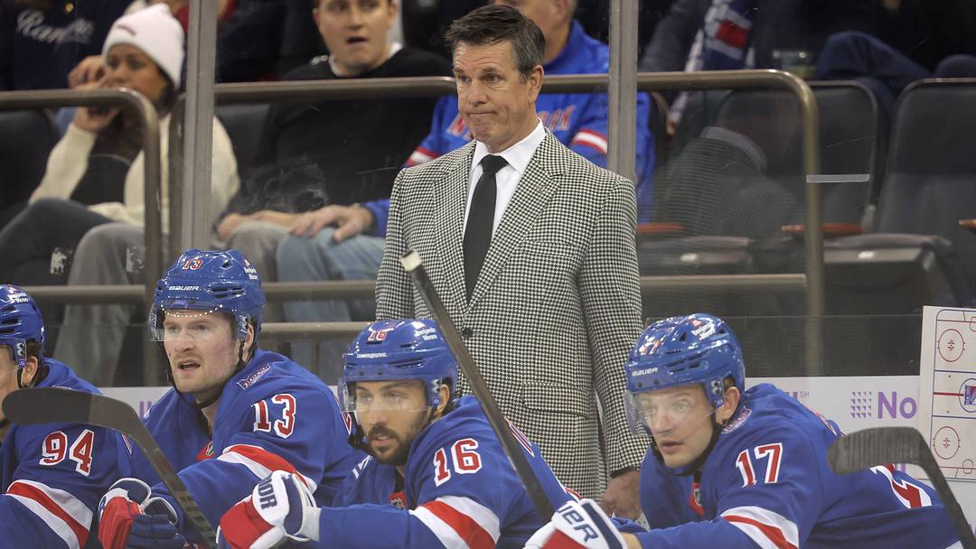 Jan 5, 2026; New York, New York, USA; New York Rangers head coach Mike Sullivan coaches against the Utah Mammoth during the first period at Madison Square Garden.