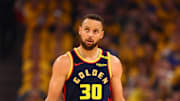 Apr 28, 2025; San Francisco, California, USA; Golden State Warriors guard Stephen Curry (30) between plays against the Houston Rockets during the first quarter of game four of the 2025 NBA Playoffs first round at Chase Center. Mandatory Credit: Kelley L Cox-Imagn Images