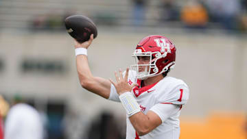Nov 29, 2025; Waco, Texas, USA;  Houston Cougars quarterback Conner Weigman (1) during warmups before the game against the Baylor Bears at McLane Stadium. Mandatory Credit: Chris Jones-Imagn Images