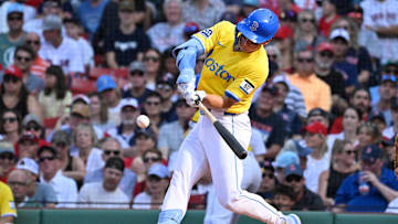 Jul 12, 2025; Boston, Massachusetts, USA;  Boston Red Sox left fielder Roman Anthony (19) hits a double against the Tampa Bay Rays during the fourth inning at Fenway Park. Mandatory Credit: Eric Canha-Imagn Images