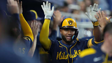 Jul 6, 2025; Miami, Florida, USA;  Milwaukee Brewers center fielder Jackson Chourio (11) celebrates a two-run home run against the Miami Marlins in the third inning at loanDepot Park. Mandatory Credit: Jim Rassol-Imagn Images