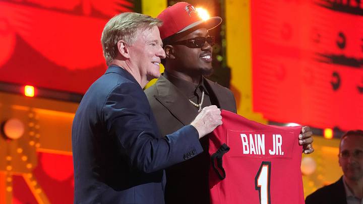 Apr 23, 2026; Pittsburgh, PA, USA; Miami Hurricanes defensive end Rueben Bain Jr. is selected by the Tampa Bay Buccaneers as the number 15 pick during the 2026 NFL Draft at Acrisure Stadium. Mandatory Credit: Kirby Lee-Imagn Images