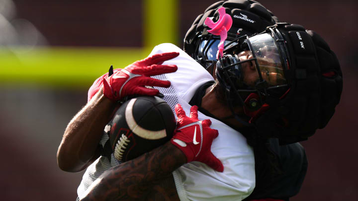 Cincinnati Bearcats wide receiver Xzavier Henderson catches a pass during spring football practice, Monday, March 4, 2024, at Nippert Stadium in Cincinnati.