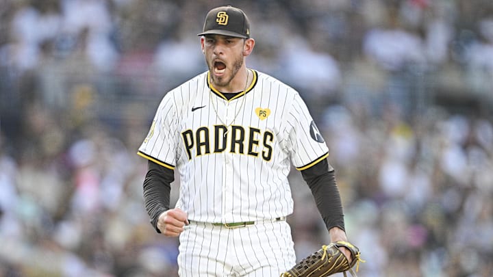Sep 2, 2024; San Diego, California, USA; San Diego Padres starting pitcher Joe Musgrove (44) reacts after striking out Detroit Tigers first baseman Spencer Torkelson (not pictured) during the fourth inning at Petco Park. Mandatory Credit: Denis Poroy-Imagn Images