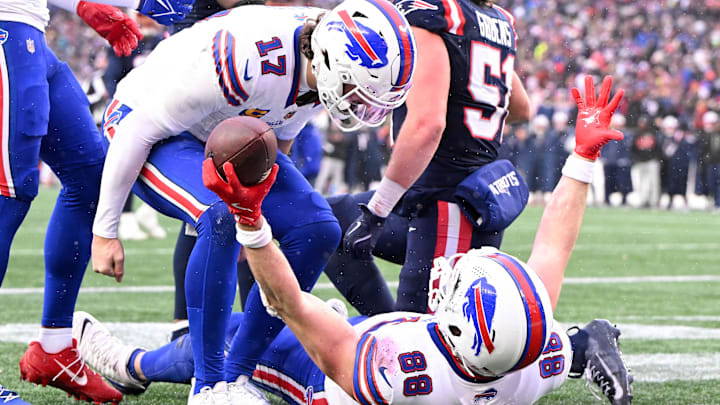 Dawson Knox and Josh Allen celebrate a touchdown in the comeback win over the Patriots. Dawson Knox and Josh Allen celebrate a touchdown in the comeback win over the Patriots.