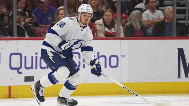 Nov 16, 2023; Chicago, Illinois, USA;  Tampa Bay Lightning defenseman Mikhail Sergachev (98) skates against the Chicago Blackhawks at United Center. Mandatory Credit: Jamie Sabau-USA TODAY Sports
