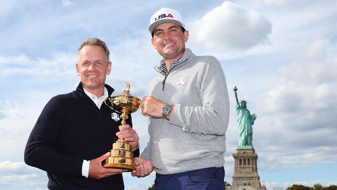 2025 Ryder Cup captains Luke Donald (Europe) and Keegan Bradley (United States) pose with the trophy in New York City