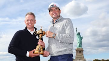 2025 Ryder Cup captains Luke Donald (Europe) and Keegan Bradley (United States) pose with the trophy in New York City