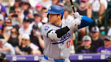Sep 29, 2024; Denver, Colorado, USA; Los Angeles Dodgers designated hitter Shohei Ohtani (17) at bat during the eighth inning against the Colorado Rockies at Coors Field. Mandatory Credit: Ron Chenoy-Imagn Images