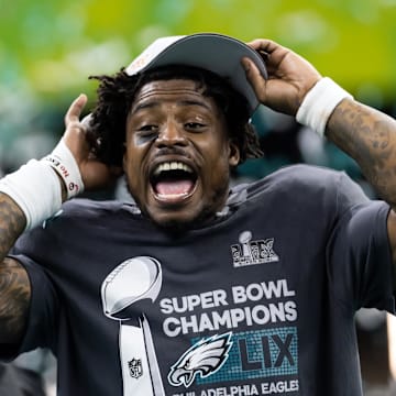 Philadelphia Eagles safety C.J. Gardner-Johnson celebrates after defeating the Kansas City Chiefs in Super Bowl LIX