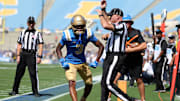 UCLA Bruins wide receiver Kwazi Gilmer (3) reacts after scoring a touchdown against Penn State Nittany Lions during the first quarter at Rose Bowl. 