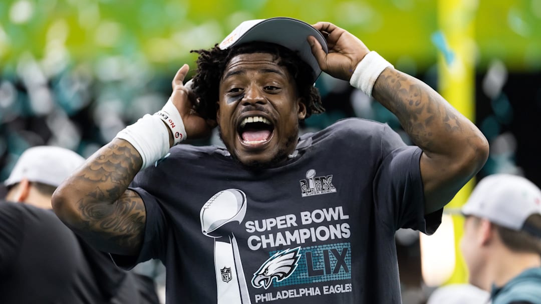 Philadelphia Eagles safety C.J. Gardner-Johnson celebrates after defeating the Kansas City Chiefs in Super Bowl LIX