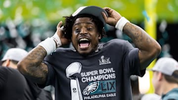 Philadelphia Eagles safety C.J. Gardner-Johnson celebrates after defeating the Kansas City Chiefs in Super Bowl LIX