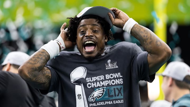 Philadelphia Eagles safety C.J. Gardner-Johnson celebrates after defeating the Kansas City Chiefs in Super Bowl LIX
