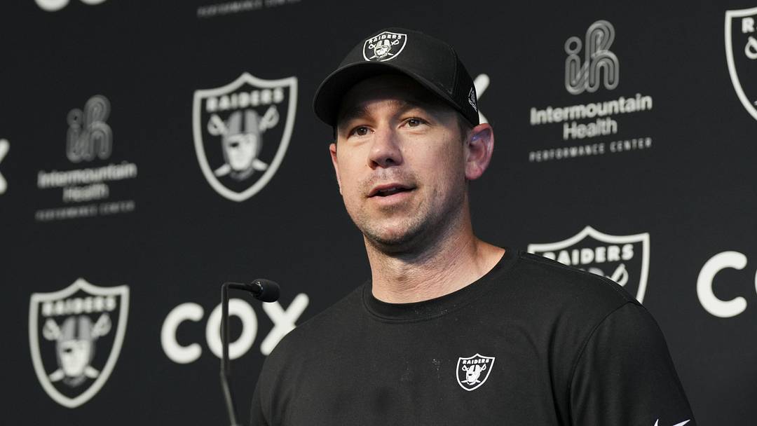 May 20, 2026; Henderson, NV, USA; Las Vegas Raiders head coach Klint Kubiak speaks during a news conference during organized team activities at Intermountain Health Performance Center. Mandatory Credit: Candice Ward-Imagn Images