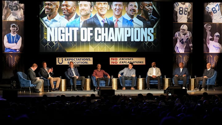 An audience watches broadcaster Jim Nantz (far left) moderate a discussion between former Indianapolis Colts (from left) center Jeff Saturday, quarterback Peyton Manning, wide receiver Marvin Harrison, tight end Dallas Clark, wide receiver Reggie Wayne, defensive end Dwight Freeney and coach Tony Dungy on Monday, Feb. 24, 2025, during the “Night of Champions” at the Murat Theatre at the Old National Centre. The event featured a panel discussion of players and coaches from the Indianapolis Colts. An audience watches broadcaster Jim Nantz (far left) moderate a discussion between former Indianapolis Colts (from left) center Jeff Saturday, quarterback Peyton Manning, wide receiver Marvin Harrison, tight end Dallas Clark, wide receiver Reggie Wayne, defensive end Dwight Freeney and coach Tony Dungy on Monday, Feb. 24, 2025, during the “Night of Champions” at the Murat Theatre at the Old National Centre. The event featured a panel discussion of players and coaches from the Indianapolis Colts.