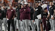 Nov 28, 2025; Austin, Texas, USA; Head coach Mike Elko watches the first half of play against the Texas Longhorns at Darrell K Royal-Texas Memorial Stadium. Mandatory Credit: Scott Wachter-Imagn Images