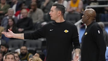 Nov 1, 2024; Toronto, Ontario, CAN; Los Angeles Lakers head coach JJ Redick reacts to a play against the Toronto Raptors during the second half at Scotiabank Arena. Mandatory Credit: John E. Sokolowski-Imagn Images