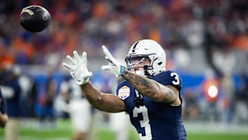 Dec 31, 2024; Glendale, AZ, USA; Penn State Nittany Lions wide receiver Julian Fleming (3) against the Boise State Broncos during the Fiesta Bowl at State Farm Stadium. Mandatory Credit: Mark J. Rebilas-Imagn Images
