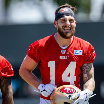 May 10, 2024; Santa Clara, CA, USA; San Francisco 49ers wide receiver Ricky Pearsall (14) smiles during the 49ers rookie minicamp at Levi’s Stadium in Santa Clara, CA. Mandatory Credit: Robert Kupbens-USA TODAY Sports