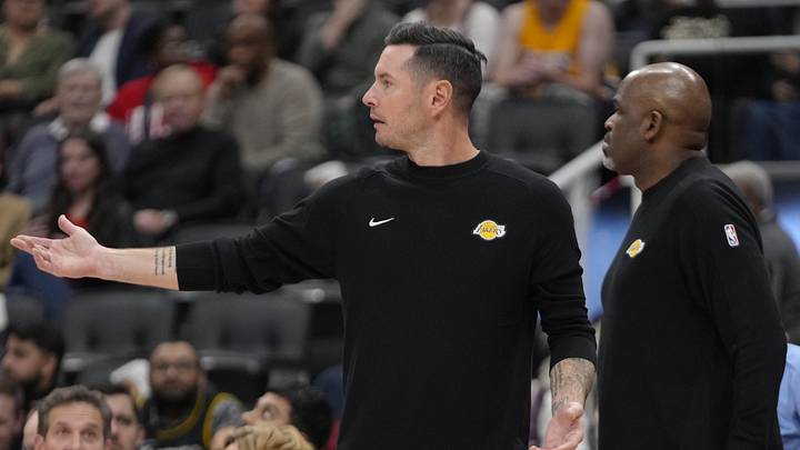 Nov 1, 2024; Toronto, Ontario, CAN; Los Angeles Lakers head coach JJ Redick reacts to a play against the Toronto Raptors during the second half at Scotiabank Arena. Mandatory Credit: John E. Sokolowski-Imagn Images