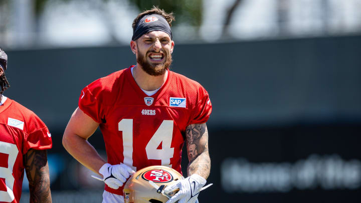 May 10, 2024; Santa Clara, CA, USA; San Francisco 49ers wide receiver Ricky Pearsall (14) smiles during the 49ers rookie minicamp at Levi’s Stadium in Santa Clara, CA. Mandatory Credit: Robert Kupbens-USA TODAY Sports