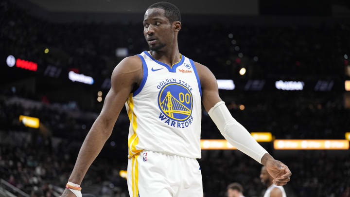 Mar 11, 2024; San Antonio, Texas, USA; Golden State Warriors forward Jonathan Kuminga (00) reacts to a call by an official during the first half against the San Antonio Spurs at Frost Bank Center. 