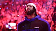 Apr 5, 2025; Inglewood, California, USA;  Dallas Mavericks forward Anthony Davis (3) looks on during the National Anthem before the game against the Los Angeles Clippers at Intuit Dome. Mandatory Credit: Kiyoshi Mio-Imagn Images
