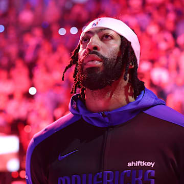 Apr 5, 2025; Inglewood, California, USA;  Dallas Mavericks forward Anthony Davis (3) looks on during the National Anthem before the game against the Los Angeles Clippers at Intuit Dome. Mandatory Credit: Kiyoshi Mio-Imagn Images